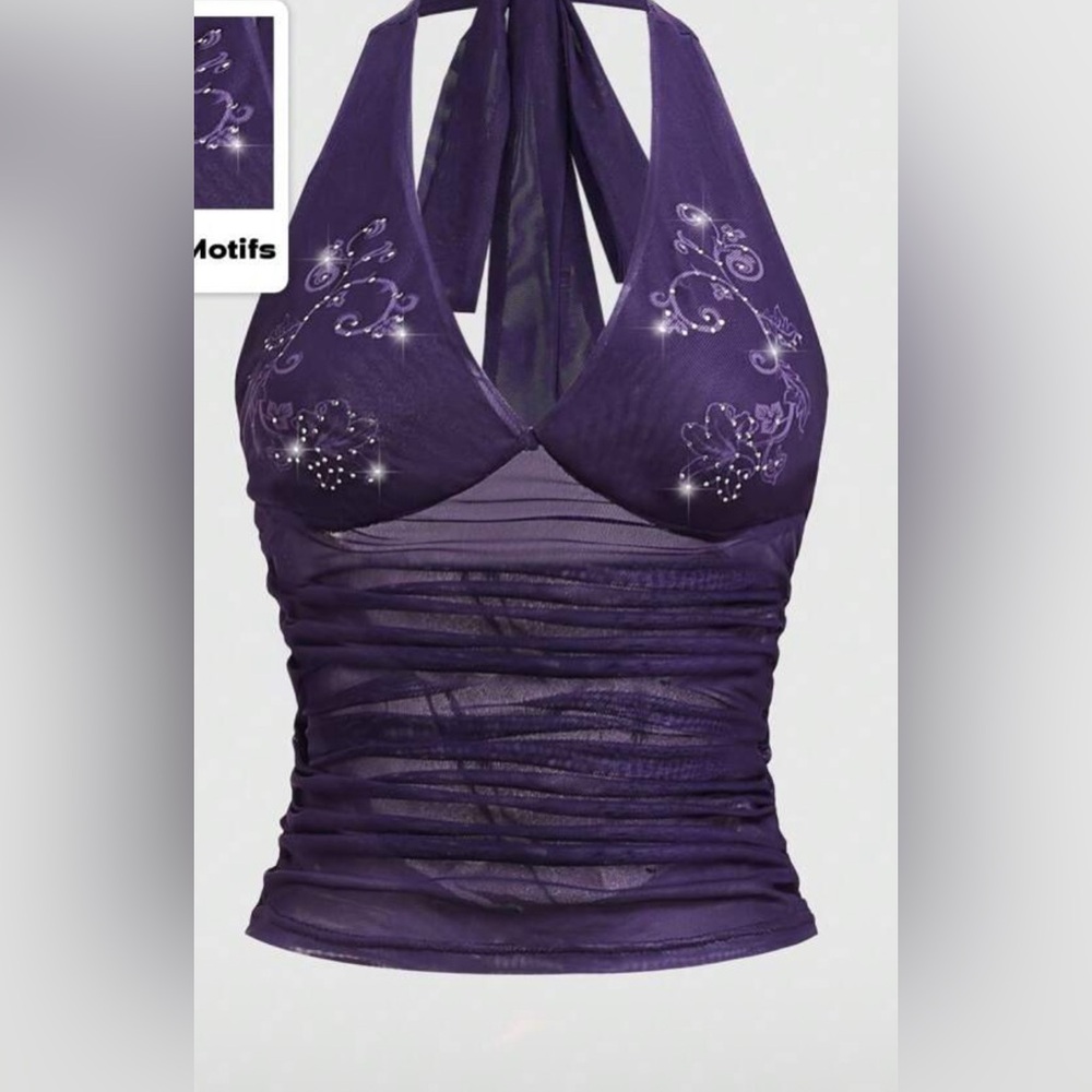Purple Halter Top with Embellished Motifs